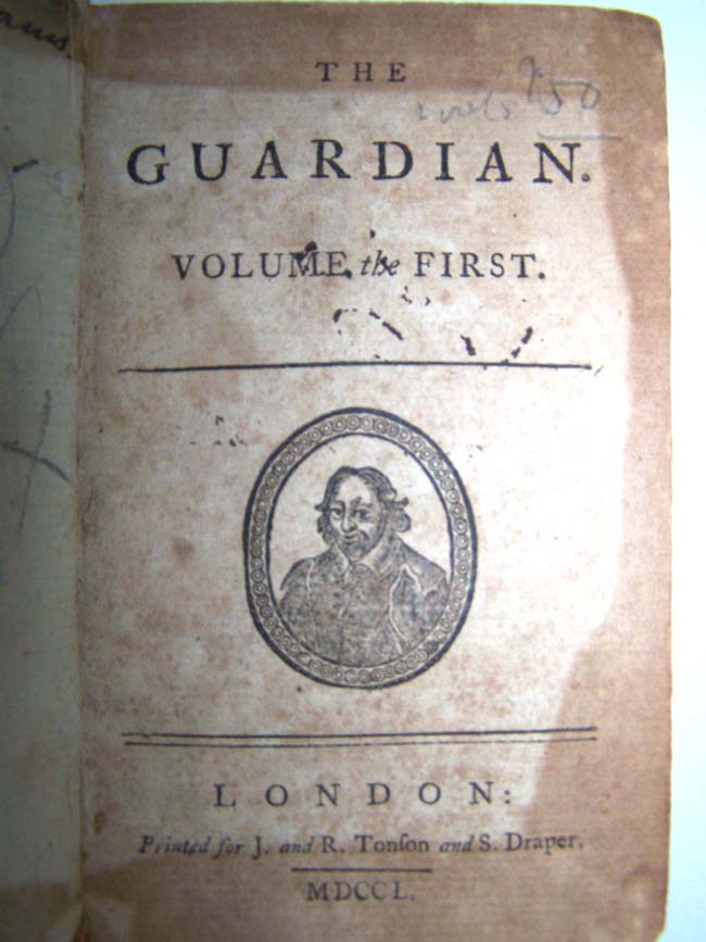 Two Leather bound volumes of the "GUARDIAN" printed in London in 1750 with daily advice given for the dates of March 12, 1713 through October 1, 1713. — image 3